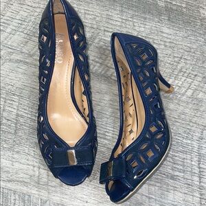Rosso Brunello Italian Leather Navy Peep-Toe Heels Laser Cut-Out Kitten Heel
